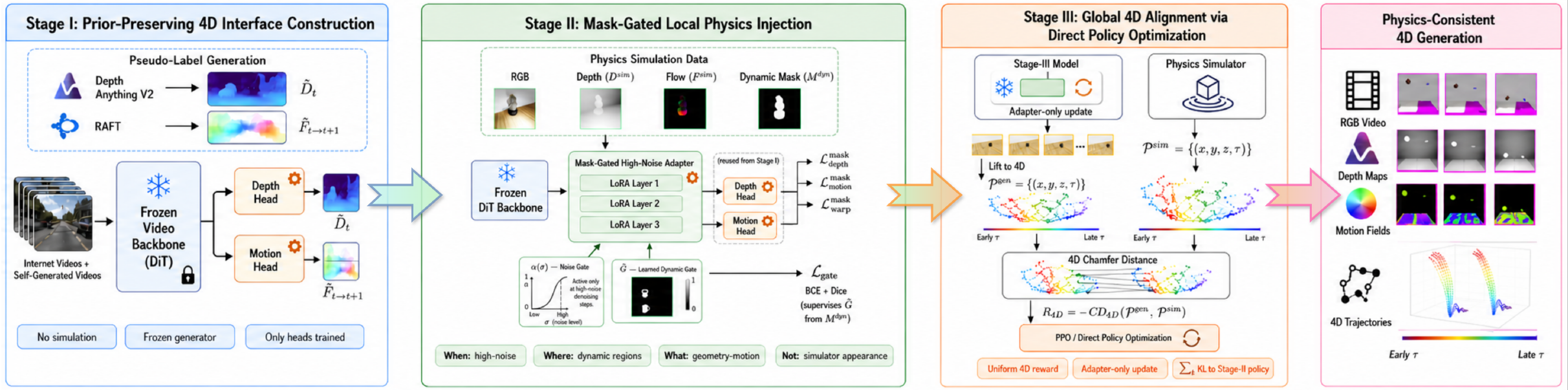 Overview of the Phys4D three-stage training pipeline